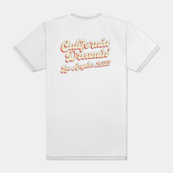 Image of the back of the Cali Dreamin' T-Shirt with the Background Color White.